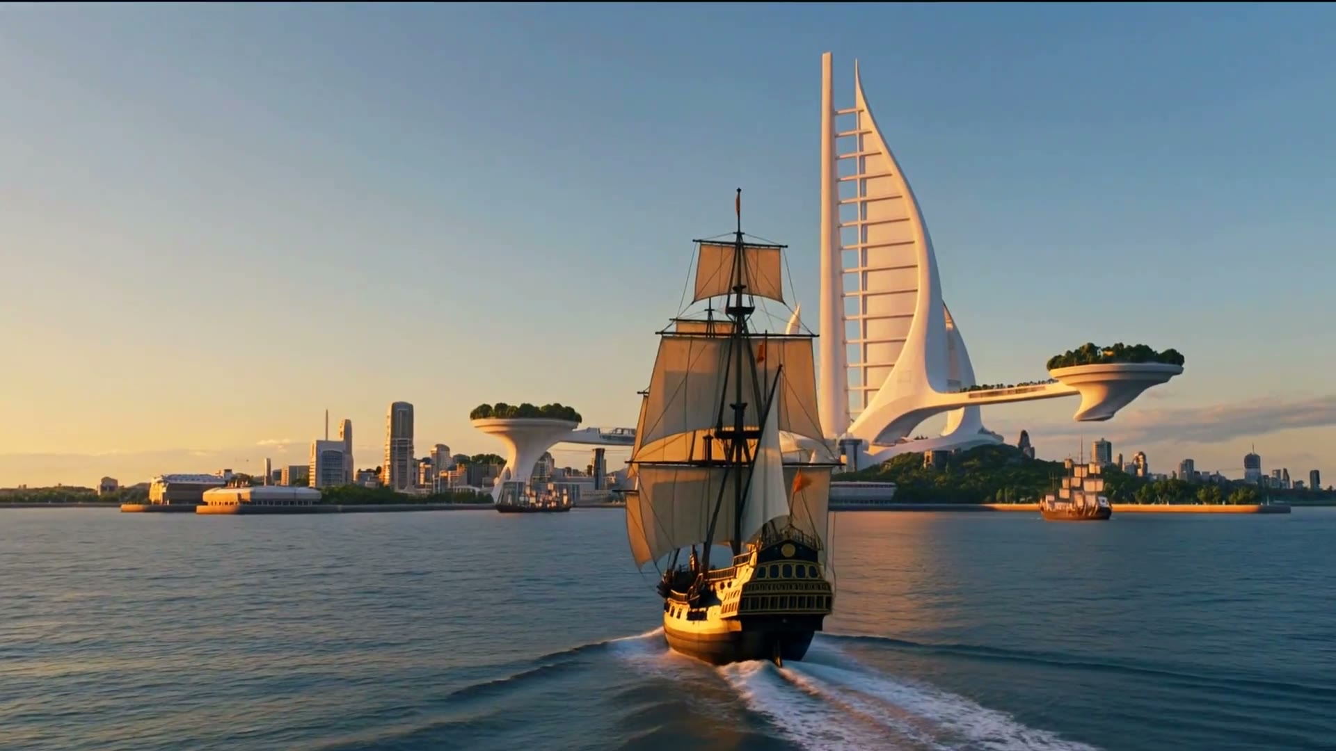 A la luz de la mañana, el galeón entra en el puerto de la ciudad blanca, bajo una gran torre en forma de vela y un cielo despejado.